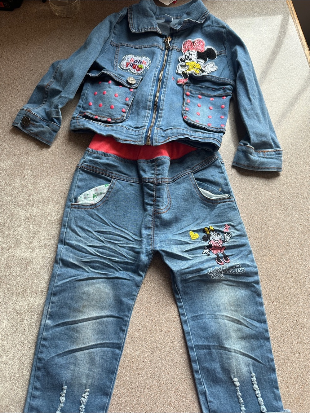 Girls' Blue Minnie Mouse Denim Jacket & Jeans Set